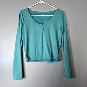 ✨Hollister Juniors Long Sleeve Crop Top Henley Shirt Teal Blue Size Large